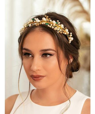 IYOU Pearl Wedding Headband Gold Crystal Bride Hair Bands Crown Rhinestone Prom Bridal Hair Accessories for Women - Buy Online on GoSupps.com