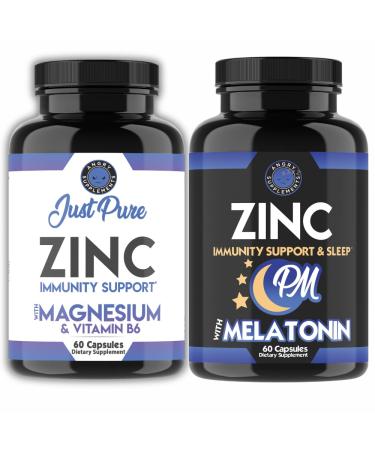 Just Pure Zinc Magnesium & Vitamin B6 for Daily Energy & Immunity + Zinc PM w. Melatonin for Nighttime Relaxation AM & PM Wellness Support 2-Pack Bundle 60ct Each