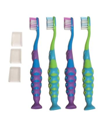 4-Pack of Kids Childrens Toddler Boys Blue Purple Green Extra Soft Bristle Easy Grip BPA Free Toothbrush Set w/Suction Base w/Travel Dust Covers