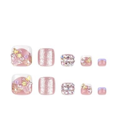 White French Tip Press on Toenails - Short Square Acrylic Toenails with Rhinestone & Gold Butterfly Designs - 24Pcs Summer Glitter Fake Toenails for Women & Girls - Buy Online on GoSupps.com