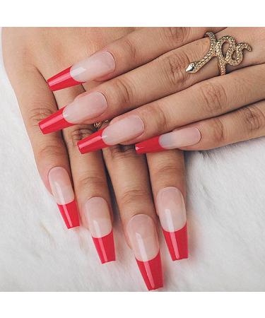 Acedre Coffin Red Press on Nails - 24 Pack Glossy French Tips for Women and Girls - Buy Online on GoSupps.com