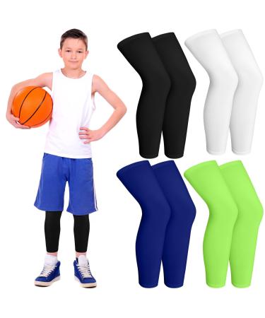 4 Pairs Kids Long Compression Boys Leg Sleeves Non Slip UV Protection Thigh Calf for Kids Boy Girl Youth Legs Sleeve Basketball Running Sport (Black  White  Blue  Green)