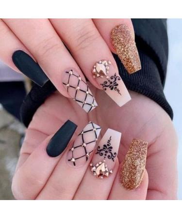 MouYou Press on Nails Long Ballerina Black Grids Fake Nails Full Cover Artificial Nails with Nail Glue Coffin 3D Rhinestone Black Pattern Gold Glitter Acrylic Artificial Fingernails for Women - Buy Online on GoSupps.com