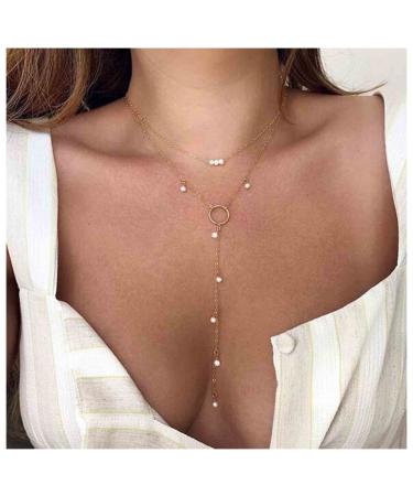 Boho Circle Pearl Lariat Necklace Gold Long Lariat Chain Necklace Tiny Pearl Choker Necklace Drop Pearl Chain Y Necklace Jewelry for Women and Girls Gifts