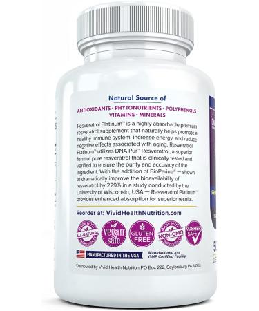 Resveratrol Platinum Antioxidants Supplement: Powerful Anti Aging Formula with Pure Natural Trans Resveratrol for Immune Support Vitality and Brain Health 30 Gluten Free Veggie Capsules - Buy Online on GoSupps.com