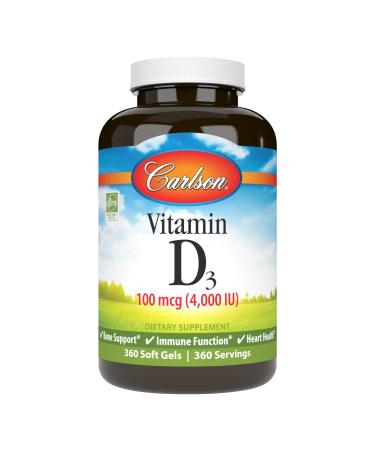 Carlson - Vitamin D3 4000 IU (100 mcg), Immune Support, Bone Health, Muscle Health, Cholecalciferol, Vitamin D Supplements, Vitamin D3 Soft Gels, 360 Softgels