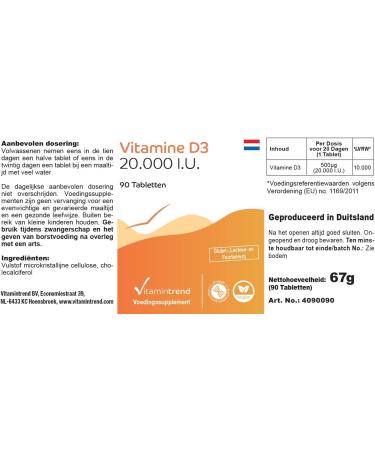 Vitamin D3 20000 IU - High Dose Cholecalciferol Tablets (90 Count) | Only 1 Tablet Every 20 Days | Vitamintrend - International Shipping Available - Buy Online on GoSupps.com