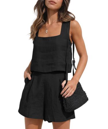 Trendy Queen Women 2 Piece Outfits Linen Matching Sets Two Piece Lounge Shorts Crop Tops 2023 Beach Clothes Summer Vacation Black Medium