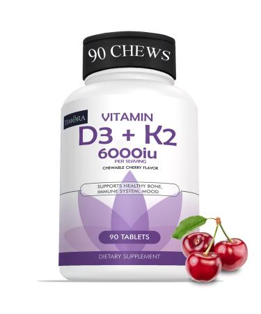 TIMORA Chewable Vitamin D3 K2 6000 IU Extra Strength for Immune Support VD Highest Potency mk 7 Easy Swallow for Best Absorption Calcium Support Bone Heart Healthy Cherry Flavor D3K2