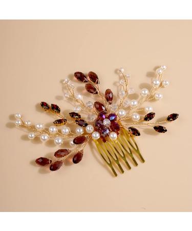 Kercisbeauty Dark Red Burgundy Crystal Hair Piece for Brides Wedding Birdal Gold Hair Comb Handmade Hair Jewelry (Wine)