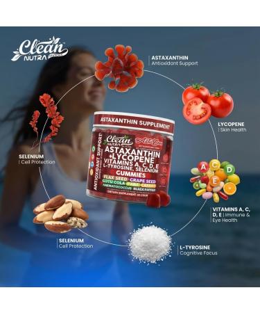 Clean Nutra AstaZen Astaxanthin Complex Gummies 12mg w/Lycopene Pure Vitamin A C D E L-Tyrosine Selenium Premium Berry Banana Eye Skin Immune Support Supplement 60 Count - Buy Online on GoSupps.com