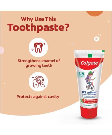 Colgate Toothpaste for Kids (6-9 Years) Natural Strawberry Mint Flavour Tooth Paste with 0% Artificial Flavors Preservatives Sweeteners & Colors - 80 G Tube Cavity Protection - Buy Online on GoSupps.com