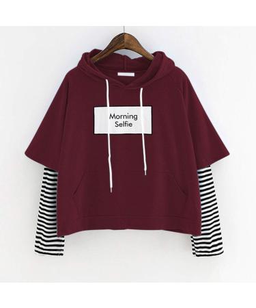 Bigfanshu Womens Sweaters Ladies Sweatshirt Hooded Long Sleeve Crop Patchwork Blouse Pullover Tops Wine - Buy Online on GoSupps.com