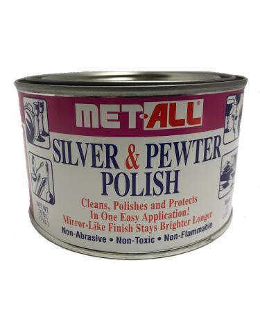 Met-all Silver sterlin Pewter Polish Instantly Shines Cleans Polishes Silverwares Trophies Antiques Cutlery Trays Flatware Decoratives Collectibles 16oz + XL Mircofiber Cloth