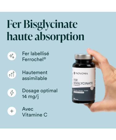 NOVOMA Iron Bisglycinate 14 mg + Vitamin C High Absorption Immunity & Anti-Fatigue 3 Months Cure Ferrochel Patented Iron Food Supplement 90 Vegan Capsules Made in France - Buy Online on GoSupps.com