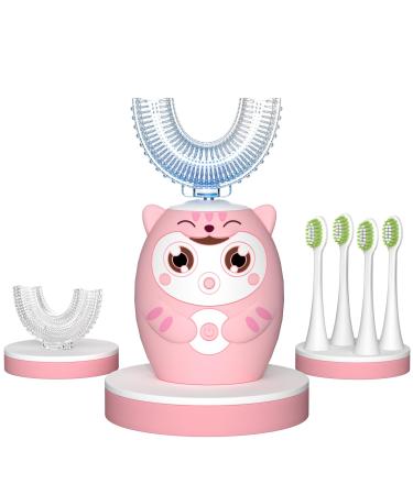 Kids Electric U Shaped Toothbrush Childrens Toothbrush with 6 Soft Brush Heads Automatic Sonic Toothbrush Rechargeable with 6 Cleaning Modes - (Age8-15 Pink)