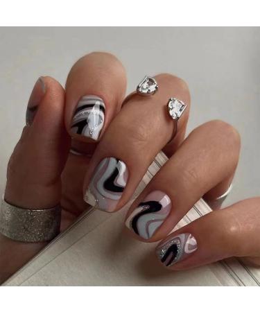 24pcs Short False Nails Stick on Nails Massif Pattern Press on Nails Removable Glue-on Nails Fake Nails Women Girls Nail Art Accessories 0233Y71