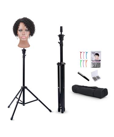 Klvied Reinforced Wig Stand Tripod Mannequin Head Stand, Adjustable Wig Head Stand Holder for Cosmetology Hairdressing Training with T-with Wig Caps, T-Pins, Comb, Hair Clip, Carrying Bag Basic Stand