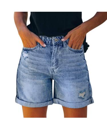 SNGSHJ Womens Denim Shorts 7 Inches Inseam Mid Rise Ripped Distressed Jeans Shorts Summer Casual Rolled Hem Hot Short Jeans A-1-blue X-Large