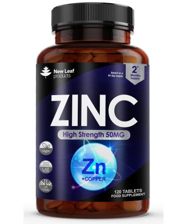 Zinc 50mg High Strength - Zinc Tablets with Copper Pure Zinc Supplements Contributes Towards The Immune System Bone Health and Fertility Vegan Non-GMO Made in UK by New Leaf 120 Tablets 120 Count (Pack of 1)