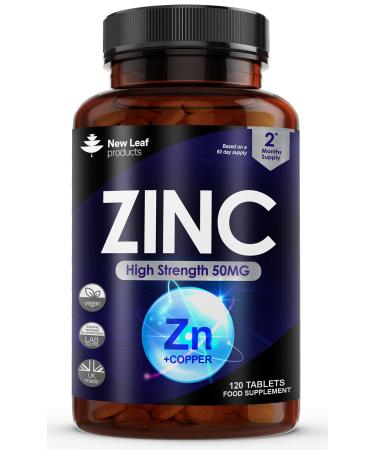Zinc 50mg High Strength - Zinc Tablets with Copper Pure Zinc Supplements Contributes Towards The Immune System Bone Health and Fertility Vegan Non-GMO Made in UK by New Leaf 120 Tablets 120 Count (Pack of 1) - Buy Online on GoSupps.com
