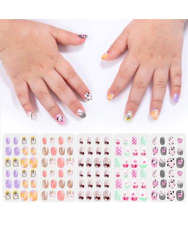 DouborQ 120 pcs 5 Pack Little Girls Pre-glue Press on Nail Tips - Cute Cartoon Design Fake Nails for Kids Gift - Buy Online on GoSupps.com