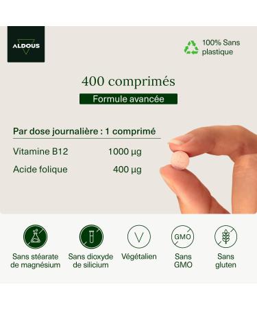 Vegan Vitamin B12 and Folic Acid | 400 Tablets | Vitamin B12 1000 mcg + 400 mcg Folic Acid | Intense Fatigue Vitamin | Immune System and Defenses | + 1 Year of Treatment - Buy Online on GoSupps.com