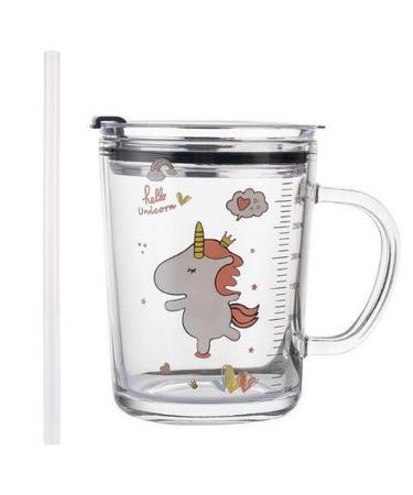 Fzy.bstim Glass Tumbler Milk Cup with Silicone Straw and Lid Handle for Kids & Adult Heavy Glass Cup 400ml Water Mug with Scale Juice and Drinking Mug for Kids (unicorn)