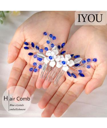 IYOU Flower Wedding Hair Comb Blue Crystal Bridal Hair Accessories Baroque Prom Bride Hair Pieces for Women - Buy Online on GoSupps.com