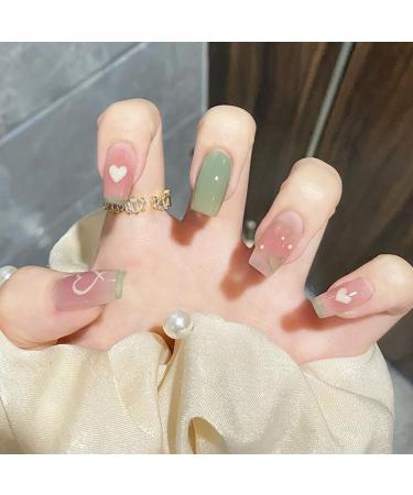 24Pcs/Set Press On Nails Summer refreshing Mid Length False Nails Acrylic Fake Nails Full Cover Nails Tips Artificial Finger Manicure Press on nails for Women and Girls