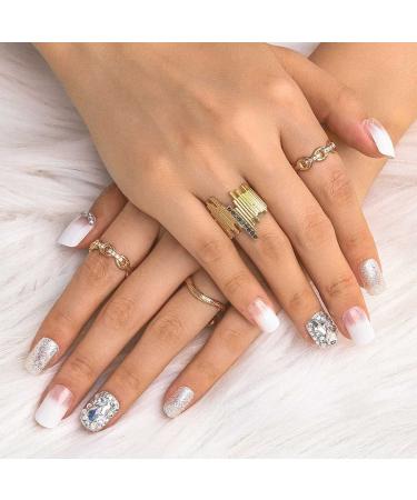 Sethexy White Glossy Squoval False Nails | 24ct Sparkle Rhinestone Acrylic Press-On Fingernails with Glue for Women & Girls - International Shipping Available - Buy Online on GoSupps.com