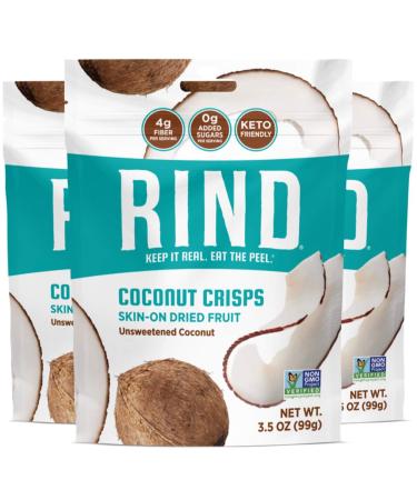 RIND Snacks Unsweetened Coconut Crisps, Keto Friendly, Paleo, Skin On Dried Fruit Chips, High Fiber, 3.5oz Pack of 3 3.5 Ounce (Pack of 3)