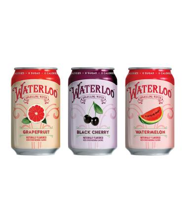 Waterloo Sparkling Water Variety Pack - 12 Fl Oz Cans - Pack of 24 - Grapefruit  Black Cherry  Watermelon - Zero Calories  Sugar  Sodium - No Artificial Sweeteners - Buy Online on GoSupps.com
