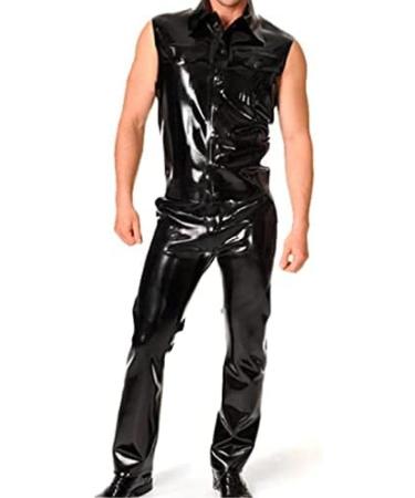 Latex 100% Rubber Uniform Wetlook Black Sleeveless Shirt And Pants Black Large Black L