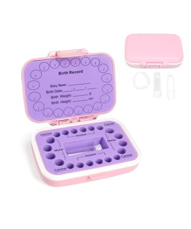 Baby Tooth Box Kids Keepsake Organizer PP Cute Children Tooth Fetal Hair Container with English Mark (Pink and Purple)