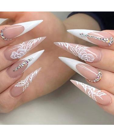 QINGGE Stiletto Press on Nails Medium Fake Nails French White Flower Glue on Nails Shiny Rhinestones Stick on Nails Glossy Artificial False Nails for Women