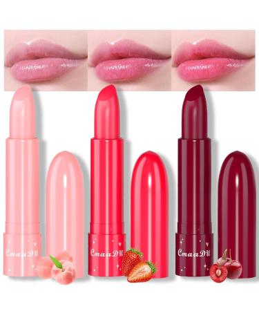 evpct 3Pcs Peach Black Red Cherry Strawberry Tinted Lip Balms PH Lip Color Changing Lipstick Stain Set Queen for Women Girls Korean Mood Long Lasting Color Change Light Pink Lipstick Lip Tint Gloss 3 Count (Pack of 1) 3Pcs Red Cherry Peach Strawberry