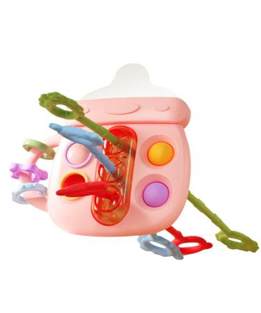 Activity toys with train cord children's bite toys in bottle shape |Children's bite toys with several chewable designs spring toys made of silicone for teething relief for teeth in pomurom sweet pink