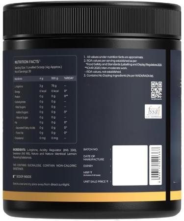 L-Arginine Supplement Lemon Flavor Pre Workout Amino Acid for Endurance Muscle Building & Help Muscle Recovery -120 Gm Powder - Buy Online on GoSupps.com