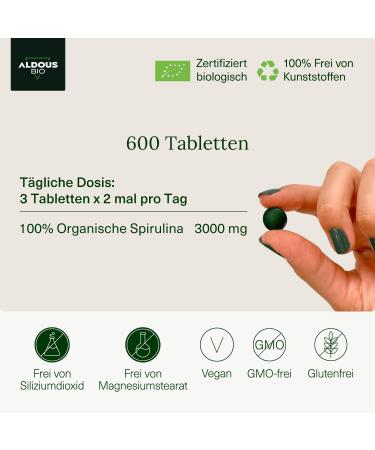 Buy 600 Bio-Spirulina Tablets - 3000mg Vegan Detox Algae | Antioxidant Energy Booster | 100% Natural & Plastic-Free - Buy Online on GoSupps.com