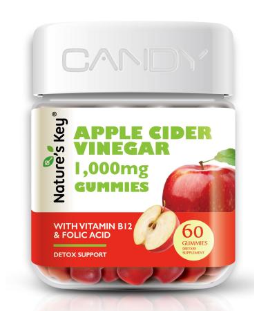 Nature's Key Apple Cider Vinegar Gummies - for Detox and Cleanse Support , Vegan ACV Gummies with Folic Acid Vitamin B6 B12 Beetroot Pomegranate (60 Count (Pack of 1))