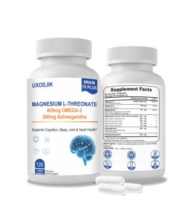 UXOEJIK Magnesium L-Threonate 2000mg with Vitamin D K2 Fish Oil & Ashwagandha - Brain Health Memory Sleep Support - Vegan Non-GMO 120 Capsules