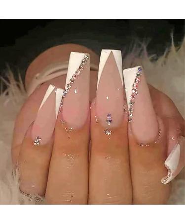YOSOMK French Tip Press on Nails Long with Designs Pink and White Rhinestones False Fake Nails Press On Coffin Artificial Nails for Women Stick on Nails With Glue on Static nails WhitePink