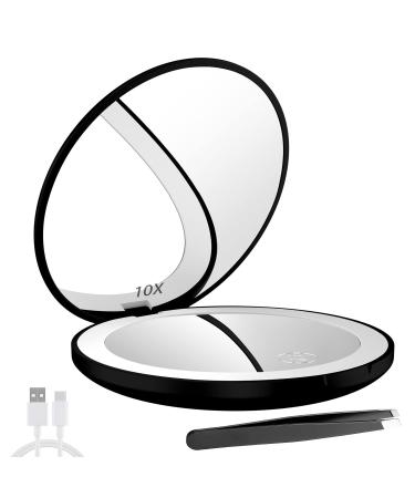 Kilobey LED Lighted Travel Makeup Mirror 1x/10x Small Compact Magnifying Mirror Mini Portable Folding Mirror for Purse 3.5 inch Pocket Mirror Handheld 2-Sided Mirror Round Black Black 1pack