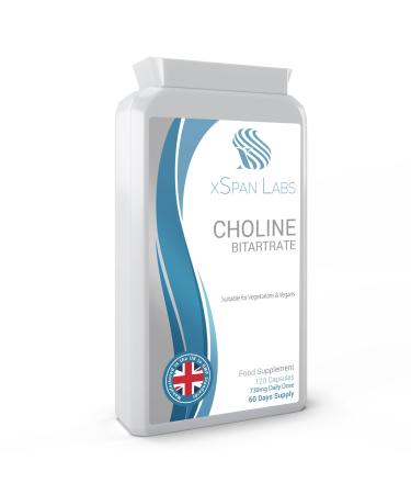 Choline Bitartrate 730mg Daily Dosage 120 Vegan Choline Capsules - Helps to Maintain Normal Liver Function - No GMOs Dairy or Gluten - Made in The UK in Accordance with The GMP Code of Practice