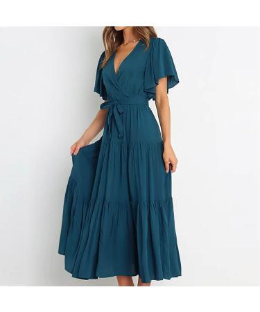 asntrgd Women's 2023 Summer Dress - V Neck Ruffle Wrap Maxi Sundress in Green XL - Buy Online on GoSupps.com