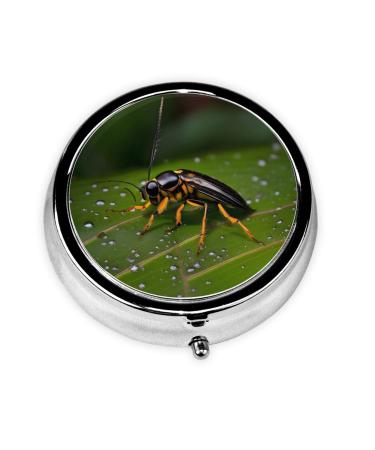 Insects On Leavesround Pill Box 3 Compartments Round Pill Box Organizer for Purse Or Pocket Portable Travel Pill Box