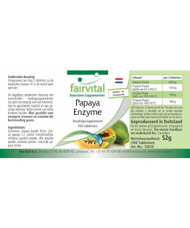 Fairvital Papaya Enzyme Tablets - High Dose Vegan Supplement with Papain Amylase & Protease - 100 Tablets for Digestive Health - Buy Online on GoSupps.com