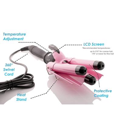 Alure 1 Inch Ceramic Tourmaline Three Barrel Curling Iron Wand with LCD Display - Dual Voltage Crimping Tool for Beachy Waves - Pink/Black - Buy Online on GoSupps.com