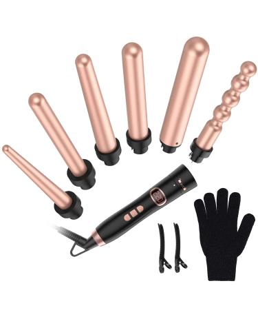 Bestope per curlstick with various attachments Set - 9-32mm curling wall ceramic curly iron with glove pink gold) rose gold 6 in 1